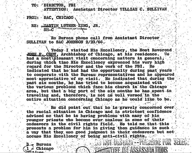 Een interne memo van de FBI over kardinaal John Cody tijdens het burgerrechtentijdperk, toen hij de katholieke aartsbisschop van Chicago was.