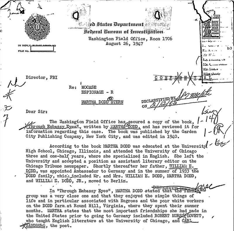 Een deel van de FBI-bestanden van Martha Dodd Stern, verkregen door de website.