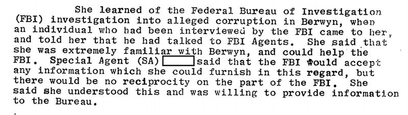 Časť spisu Judy Baar Topinkovej FBI, ktorá hovorí, že agentom povedala, že je ochotná poskytnúť informácie úradu.