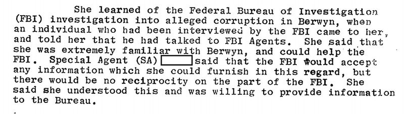 Ein Teil der FBI-Akte von Judy Baar Topinka, der besagt, dass sie Agenten gesagt hat, sie sei bereit, dem FBI Informationen zur Verfügung zu stellen.