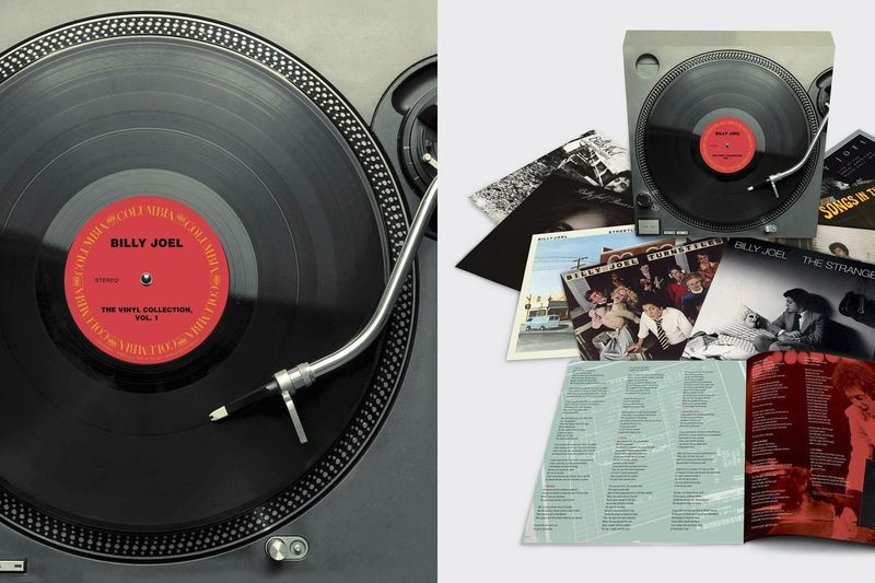 Tato kombinace fotografií ukazuje Billyho Joela — The Vinyl Collection, sv. 1, krabicový set prvních šesti Joelových alb.