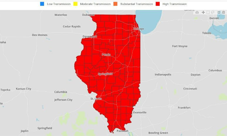 Mapa wskaźników przenoszenia koronawirusa przez amerykańskie Centra Kontroli i Zapobiegania Chorobom w stanie Illinois od wtorku.