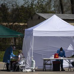 Les phlébotomistes de Simple Laboratories prélèvent du sang pour le test des anticorps anti-coronavirus et prélèvent des échantillons d