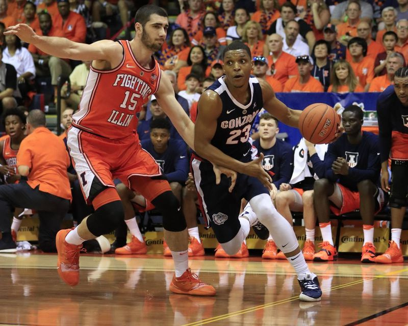 Gonzaga-Wächter Zach Norvell Jr. (23) dribbelt in der ersten Hälfte eines NCAA-College-Basketballspiels beim Maui Invitational an Illinois-Stürmer Giorgi Bezhanishvili (15) vorbei.