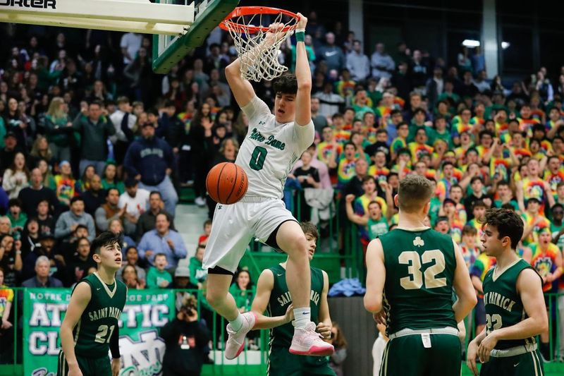 Notre Dames Troy D’Amico (0) dunkar bollen mot St. Patrick.