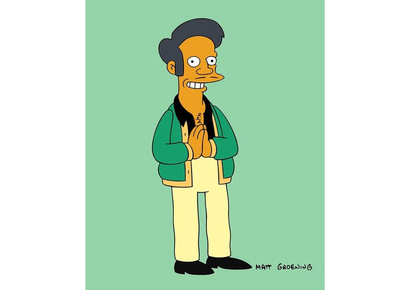 Tento obrázok vydaný spoločnosťou Fox zobrazuje postavu Apu, majiteľa indického obchodu, ktorý sa objavil v animovanom seriáli Simpsonovci.