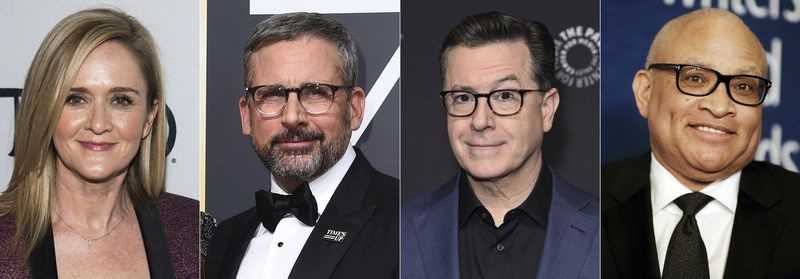 Šioje derinio nuotraukoje pavaizduota Samantha Bee (iš kairės), Steve