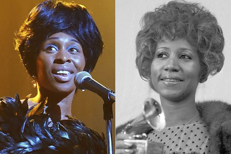 La actriz Cynthia Erivo (izquierda) interpreta a Aretha Franklin en la miniserie Genius: Aretha de National Geographic, y Aretha Franklin tiene su premio Grammy a la mejor interpretación de R&B de la canción Bridge Over Troubled Waters, en Nueva York el 13 de marzo de 1972.