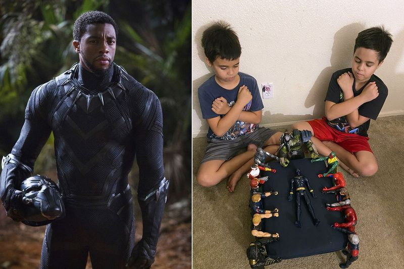 Det här kombinationsfotot visar skådespelaren Chadwick Boseman i karaktären som King T