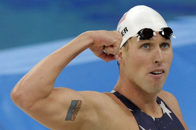 På dette filbildet tirsdag 12. august 2008, reagerer USAs stafettsvømmer Klete Keller etter et stafettheat for menn på 4x200 meter fristil under svømmekonkurransene i National Aquatics Center ved OL i Beijing 2008 i Beijing.
