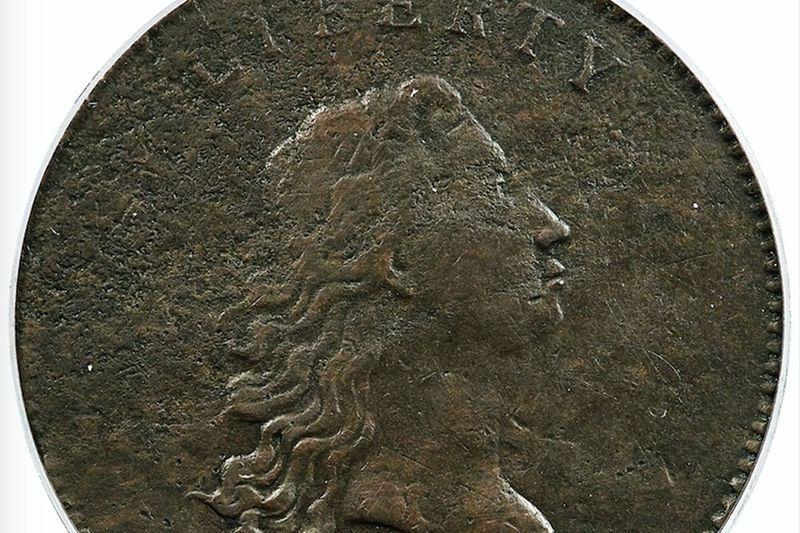 Vario gabalo, žinomo kaip „No Stars Flowing Hair Dollar“, priekinė dalis, kurią 1794 m. nukalė JAV monetų kalykla Filadelfijoje ir buvo jaunos tautos pinigų prototipas.