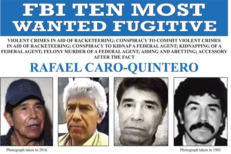 Sellel FBI avaldatud pildil on 1985. aastal USA uimastikaitseameti agenti Enrique Kiki Camarena piinanud ja mõrvanud Rafael Caro Quintero tagaotsitav plakat. Kolmapäeval, 7. aprillil 2021 kaitses Mehhiko president Andres Manuel Lopez Obrador 2013. aasta otsust. mis vabastas Caro Quintero, kuigi Mehhiko ülemkohus otsustas hiljem, et see oli viga.