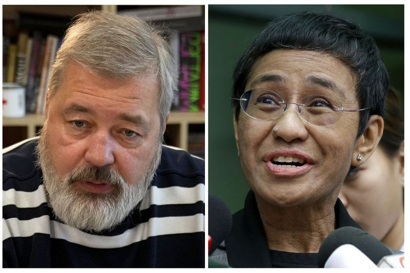 Failipiltide kombinatsioon Novaja Gazeta toimetaja Dmitri Muratovi (vasakul) ning Rappleri tegevjuhi ja tegevtoimetaja Maria Ressa failidest. Reedel, 8. oktoobril 2021 anti Nobeli rahupreemia ajakirjanikele Maria Ressale Filipiinidest ja Dmitri Muratovile Venemaalt võitluse eest sõnavabaduse eest.