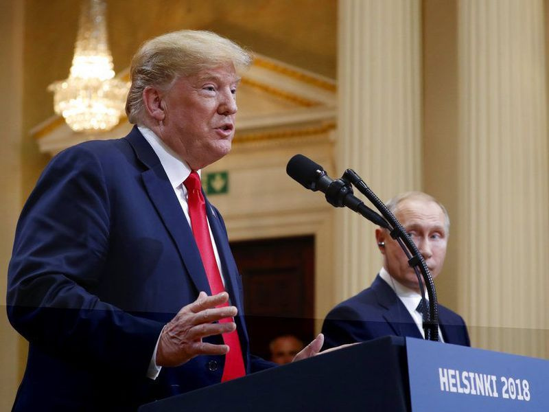US-Präsident Donald Trump spricht während einer Pressekonferenz nach dem Treffen von US-Präsident Donald Trump und dem russischen Präsidenten Wladimir Putin im Präsidentenpalast in Helsinki, Finnland, Montag, 16. Juli 2018. | AP Photo/Pablo Martinez Monsivais