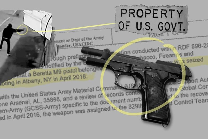 Cette illustration photo montre un pistolet militaire volé lié à quatre fusillades à Albany, New York, un document d