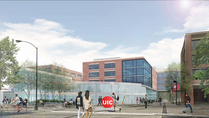 Pagal naują UIC pagrindinį planą, CTA Pink Line Polk stoties renovacija geriau suderintų jos išvaizdą su likusiu mokyklos miesteliu. | Pateiktas atvaizdavimas
