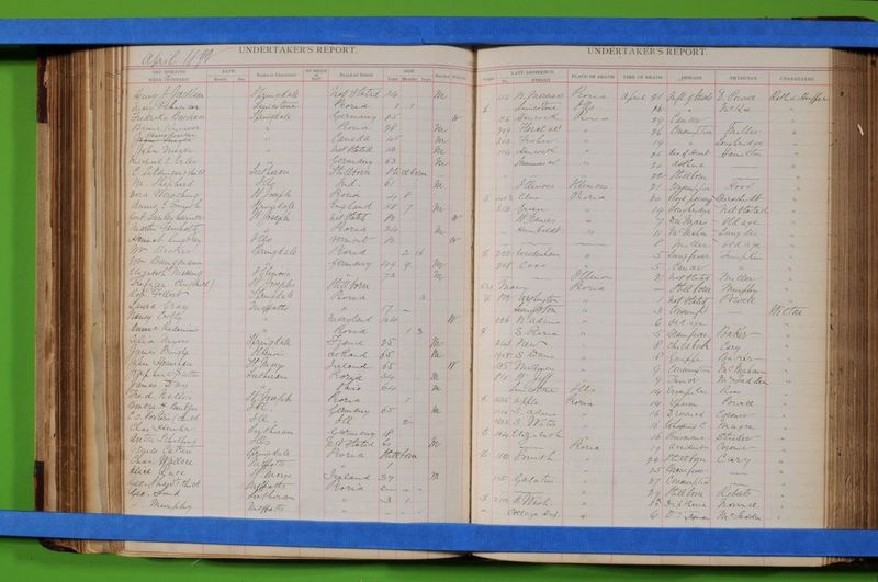 Šioje 1892 m. laidotojo ataskaitoje, kurią parengė Peorijos sveikatos departamentas, balandžio 6 d. užfiksuota Nance Legins-Costley mirtis, maždaug įpusėjus puslapio kairėje pusėje. Įraše yra keletas klaidų, tarp jų jos vardas nurodytas kaip Nancy Costly. Be to, nors ji gimė 1813 m. Kaskaskijoje, knygoje jos gimimo vieta nurodoma Merilendas, o mirties amžius – 104 metai.