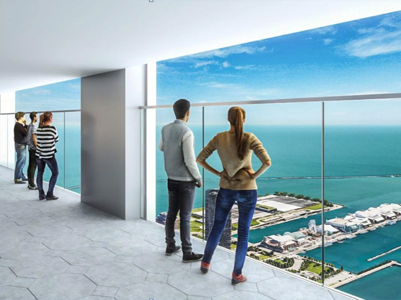 Siūlomos apžvalgos aikštelės, esančios virš Aon centro Čikagos centre, architektūrinis vaizdas. Miesto tarybos komitetas ketvirtadienį planui pritarė. | 601W įmonės