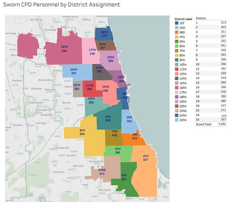 Den här kartan producerad av Chicago Office of the Inspector General visar nivåerna av edsvurna officerare över hela staden den 21 februari 2017.