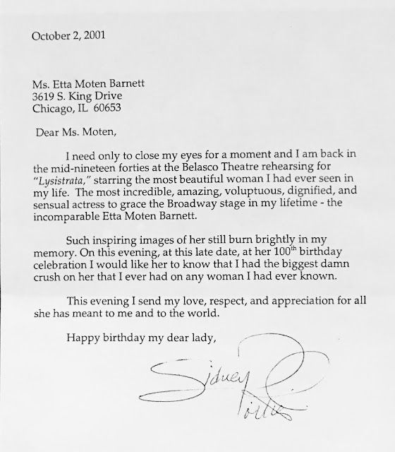 An ihrem 100. Geburtstag schickte Sidney Poitier einen Brief an Etta Moten Barnett, ein Artikel, der im Nachlass von Claude Barnett und Etta Moten Barnett erhältlich ist, der von Estate Sale Goddess abgewickelt wird.