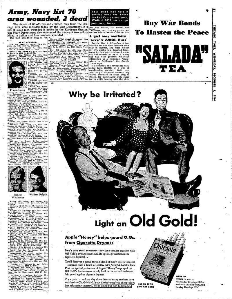 Den 6. december 1944-udgave af Chicago Times viser Staff Sgt. Albert Mampre blandt de seneste hær, der blev såret i Anden Verdenskrig.