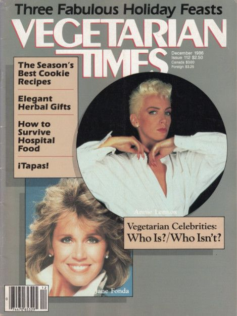 Annie Lennox op de omslag van de Vegetarische Tijden van december 1986 voor een verhaal over vegetarische beroemdheden.