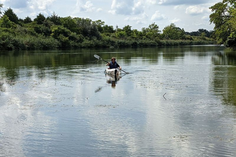 Sam Bowman wraca z długiego wiosła podczas testu składanego kajaka Oru Inlet w stanowym rezerwacie ryb i dzikiej przyrody Mazonia. Źródło: Dale Bowman