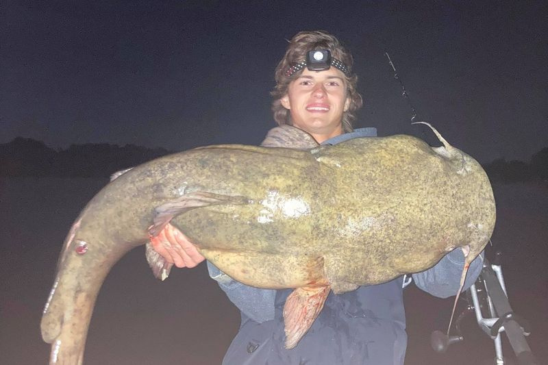 Erik Brztowski levanta un gran bagre de cabeza plana capturado mientras pescaba de noche en el río Fox. Foto proporcionada