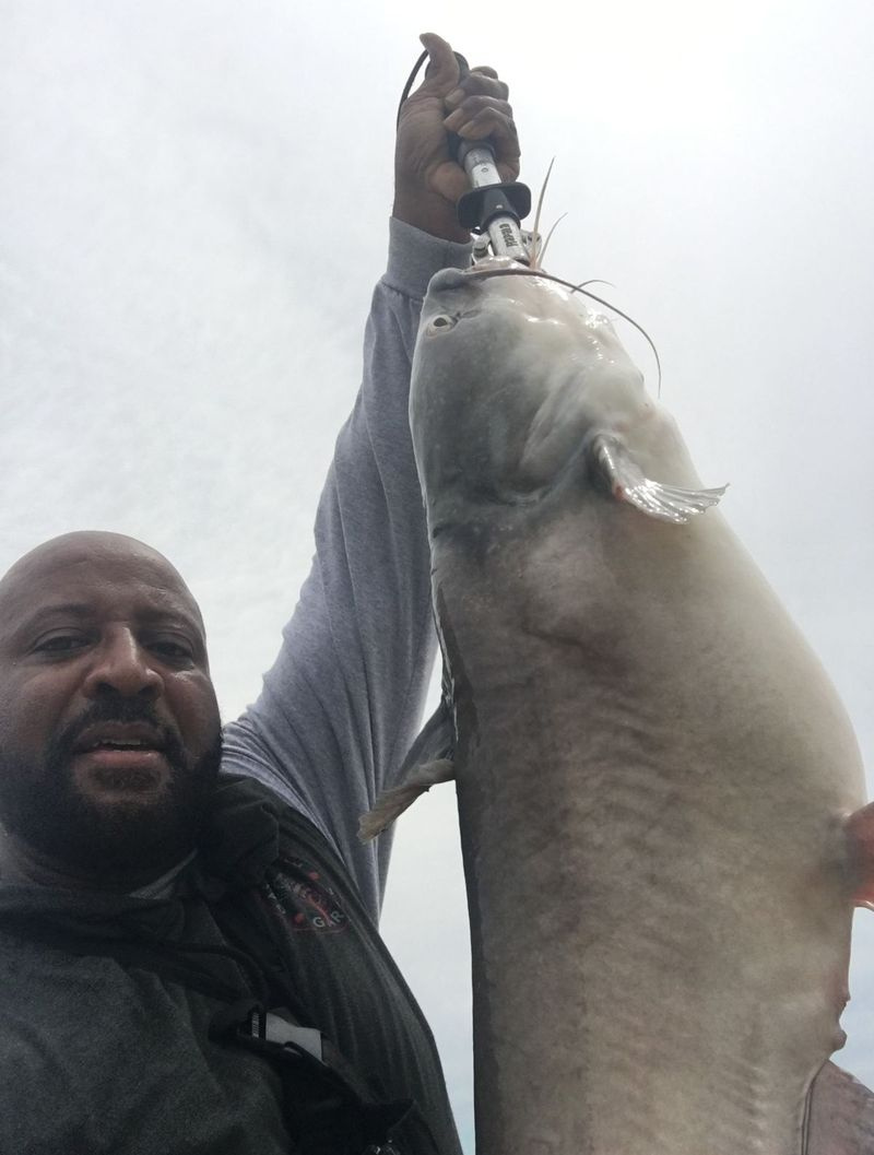 Darryl Turner tok en selfie med en 20-kilos blå steinbit sist onsdag ved LaSalle Lake. Vedlagt bilde
