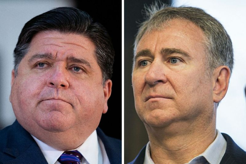 Le gouverneur J.B. Pritzker, à gauche, en juillet ; Le magnat des fonds spéculatifs Ken Griffin, à droite, en 2018.