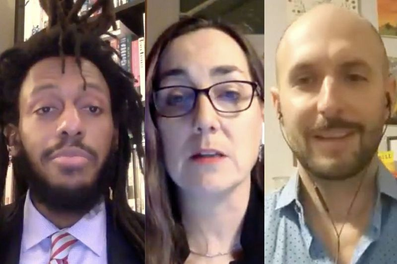 Candidatos que buscan o consideran el nombramiento para reemplazar a la senadora estatal Heather Steans, de izquierda a derecha: Mike Simmons, la representante estatal Kelly Cassidy y Justin Koziatek.