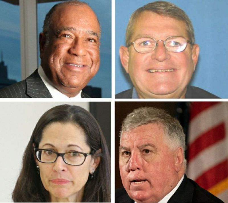 Voormalig ComEd-functionaris John Hooker, met de klok mee vanaf linksboven, Springfield-insider Michael McClain, voormalig City Club-president Jay Doherty en ex-ComEd-CEO Anne Pramaggiore.