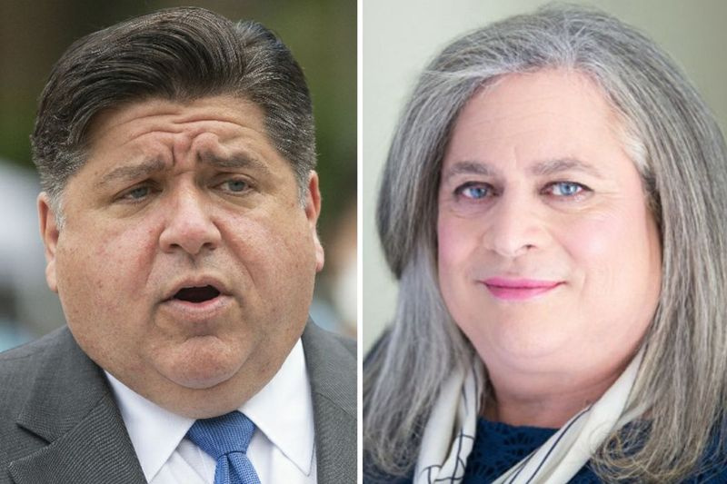 Guvernér J. B. Pritzker, vlevo, v červenci; Jennifer Pritzker, správně.