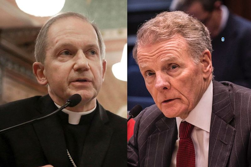 biskup Thomas Paprocki z katolické diecéze Springfield, vlevo; Předseda sněmovny Mike Madigan, správně.