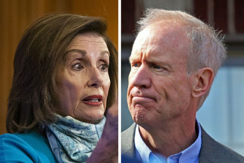 Speaker Dewan Rakyat Nancy Pelosi, kiri, bercakap semasa sidang akhbar di Capitol Hill pada hari Khamis; Gabenor Bruce Rauner, kanan, semasa acara kempen pada 2018.