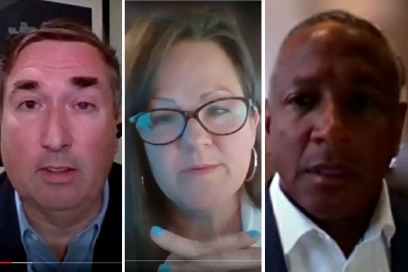 Komisarji odbora za revizijo okrožja Cook Michael Cabonargi, levo, Tammy Wendt, na sredini, in Larry Rogers Jr., desno, razpravljajo o spremembah etične uredbe odbora med virtualno sejo odbora, ki je potekala junija.