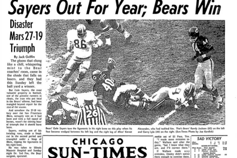 Sun-Times aizmugures lapa stāstīja skumjo stāstu par Geila Sajersa savainojumu pret Sanfrancisko 49ers 1968. gada 10. novembrī.