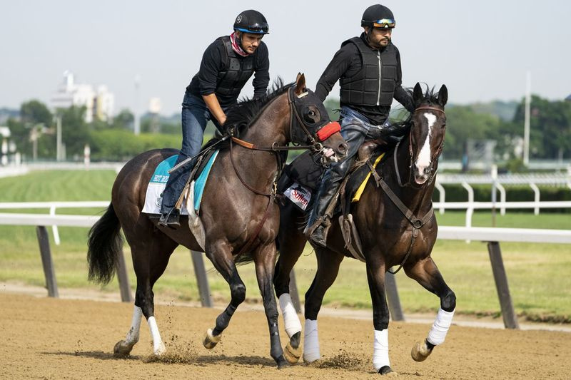 El participante de Belmont Stakes Hot Rod Charlie (izquierda) y su caballo compañero Lava Man son llevados a la pista principal para una carrera de entrenamiento el miércoles antes de la 153a carrera de caballos de Belmont Stakes en Belmont Park en Elmont, Nueva York.