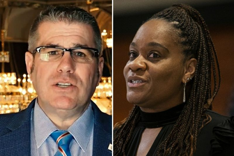 State Sen. Darren Bailey, R-Xenia, vänster, förra året; Delstatssenatens majoritetsledare Kimberly Lightford, till höger, i februari.