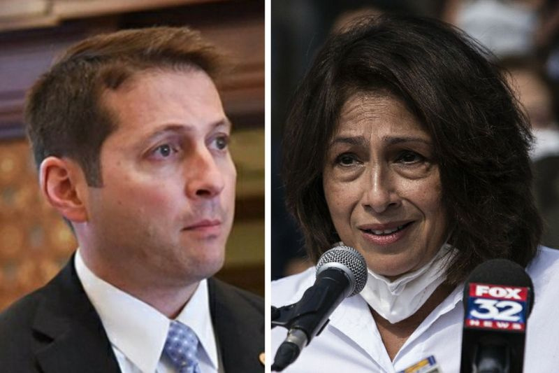 State Sen. Jason Barickman, R-Bloomington, venstre; Statsrepræsentant Lisa Hernandez, D-Cicero, til højre.