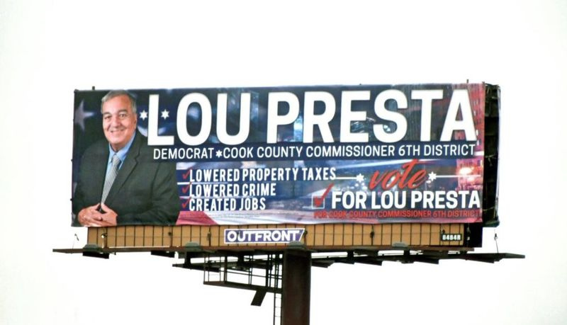 Kampanjeskilt for Lou Prestas 2018-løp for Cook County Board.