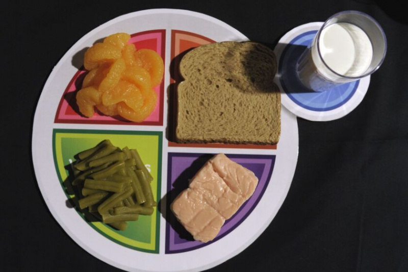    食品アイコン MyPlate のサンプル プレートが、2011 年にワシントンの米国農務省で発表されました。 