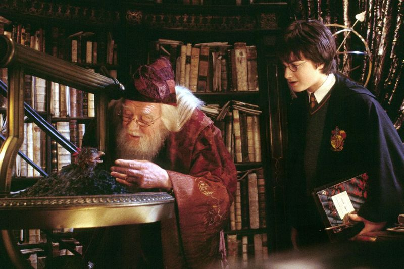 Harijs Poters (Daniels Redklifs) skatās, kā profesors Dumbldors (Ričards Heriss) baro Fēniksu Fonksu filmā Harijs Poters un noslēpumu kambaris.