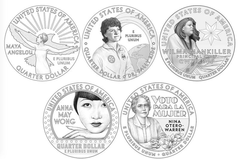 Maya Angelou, Sally Ride, Wilma Mankiller, Anna May Wong et Nina Otero-Warren comme on le voit sur les dessins du premier lot du nouveau American Women Quarters, qui sortira à partir de l