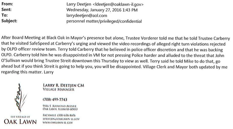 Correo electrónico que muestra los esfuerzos detrás de escena de SafeSpeed ​​en Oak Lawn para lograr que la policía emita más multas por cámaras de semáforo en rojo.