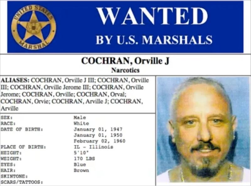 Een gezochte poster van toen Orville Cochran op de vlucht was.