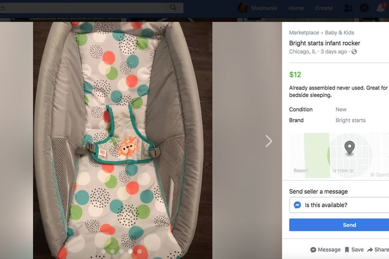 Um bebê dormindo no recall é retratado em um anúncio no Facebook Marketplace. É um dos vários encontrados disponíveis para venda, apesar dos recalls.
