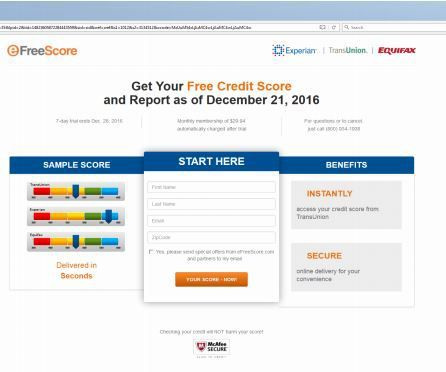 Een screenshot van de site van eFreeScore. Consumenten wisten niet dat ze zouden worden getroffen met maandelijkse kosten voor kredietbewaking nadat ze op een link voor een gratis kredietscore hadden geklikt, zegt de FTC.