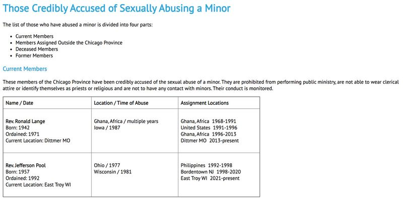 Eine Momentaufnahme der kürzlich veröffentlichten Liste von Klerikern der Gesellschaft des Göttlichen Wortes, die glaubwürdig des sexuellen Missbrauchs beschuldigt werden.