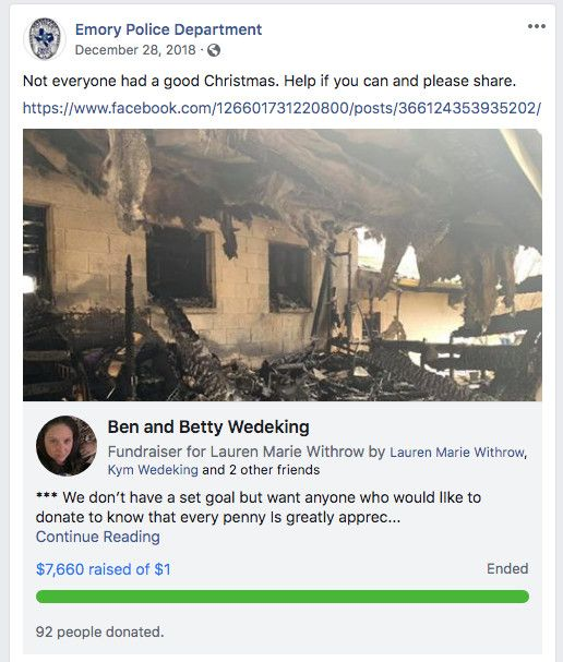 O departamento de polícia de Emory, Texas, anuncia uma página GoFundMe para Ben e Betty Wedeking, vizinhos dos Chronises que perderam sua casa para um incêndio no dia de Natal de 2018.